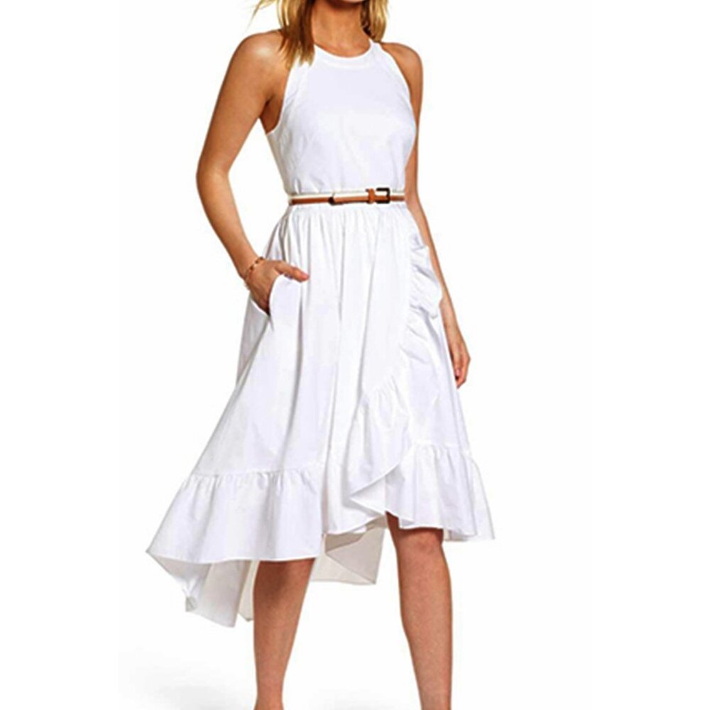 $170 1901 White Halter Belted High Low POCKETS Dress RUFFLES SIZE 4
